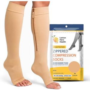 Lemon Hero Medical Zippered Compression Socks - Open Toe 20-30 mmHg Varicose Veins Stockings with Zip Guard for Skin Protection, Lightweight Diabetic Compression Socks with Zipper - Large, Beige