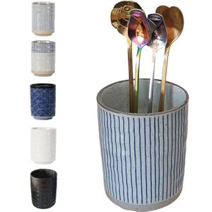 Stoneware Coffee Bar Utensil Holder Tea & Coffee Spoon & Stirrer Holder for Stir Stick Straw Teaspoon Holder Spoon Cup Small Utensil Jar (Blue Stripes)