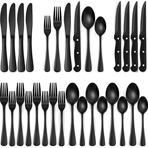 EWFEN 24-Piece Black Silverware Set with Steak Knives, Black Flatware Set for 4, Food-Grade Stainless Steel Tableware Cutlery Set, Mirror Finished Utensil Sets for Home Restaurant, Round Edge
