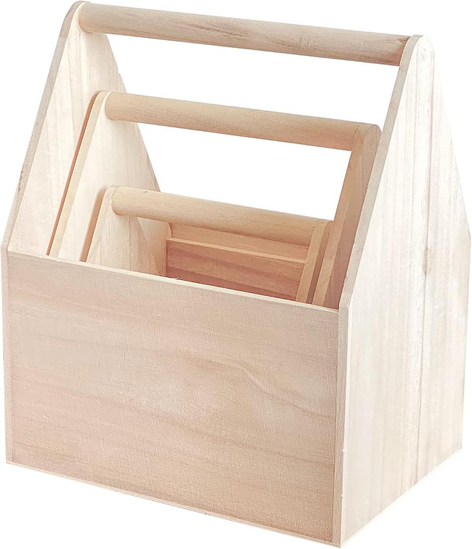 Cregugua Set of 3 Unfinished Wooden Carrier Nesting Wood Craft Box with Handle for Storage