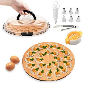 Deviled Egg Containers with Lid, Deviled Egg Platter with 24 Slots, Wooden Devil Eggs Tray, Portable Devil Eggs Organizer with Injector Piping, Slicer, for Easter, Party, Picnic, (Without  a Clip)