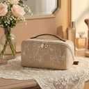 EACHY Travel Makeup Bag, Large Capacity Cosmetic Bags for Women, Waterproof Portable Pouch Open Flat Toiletry Bag Pattern Makeup Bag (F-Brown)