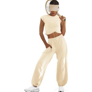 LAMISSCHE Womens Loungewear Set 2 Piece Outfits Sets Cropped Tops and Wide Leg Pants with Pockets Tracksuit (Beige, XS)