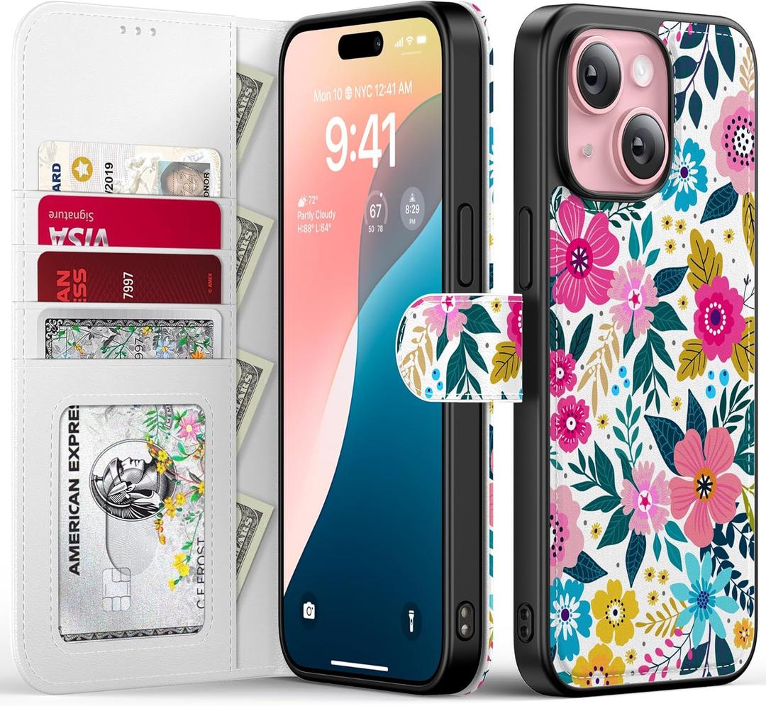 FUNMIKO for iPhone 15 Plus Case Wallet,Detachable Flip Folio Leather Cover,RFID Blocking 4 Card Slots Holder,Magnetic Kickstand,Protective Phone Shell for Women Girls,Blooming Flowers