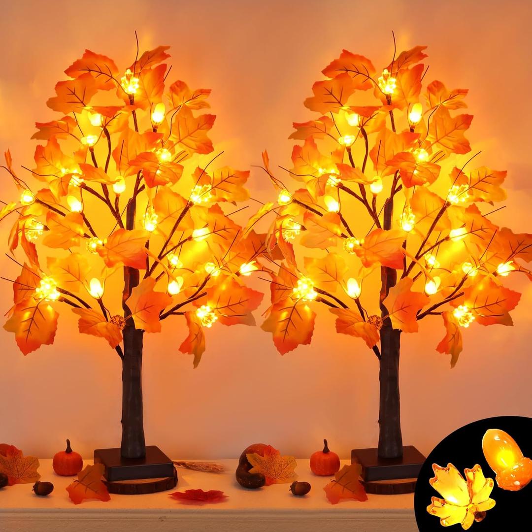 2 Pack 24 Inch Artificial Lighted Fall Maple Tree Thanksgiving Decorations with 48 LEDs Battery Operated Timer Prelit Acorn Maple Tree Lights for Thanksgiving Table Decor Home Indoor Autumn Harvest