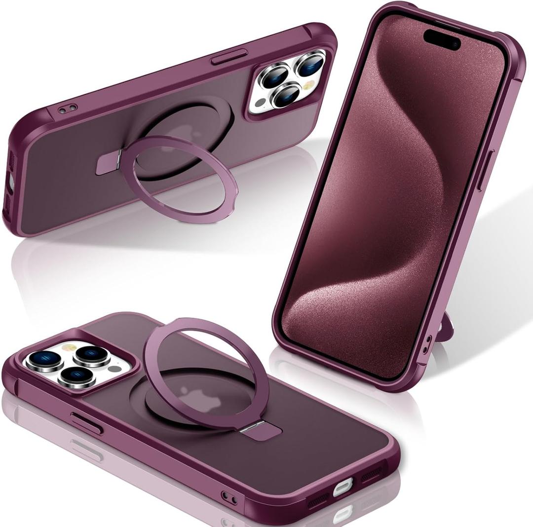 STERKER Magnetic Stand Ring Compatible with iPhone 15 Pro Max Case [Military Grade Drop Protection][Compatible with Mag-Safe] Kickstand Slim Matte Case for iPhone 15 Pro Max Phone 6.9", Wine Red
