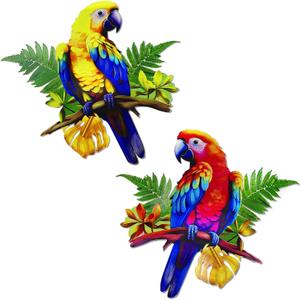 ULENDIS 2 Pack Metal Parrot Wall Decor, 11.8" Bright Color Tropical Bird Macaw Outdoor Wall Art Patio Fence Decorations, Hanging Bird Decor for Garden Yard Living Room Bedroom Balcony