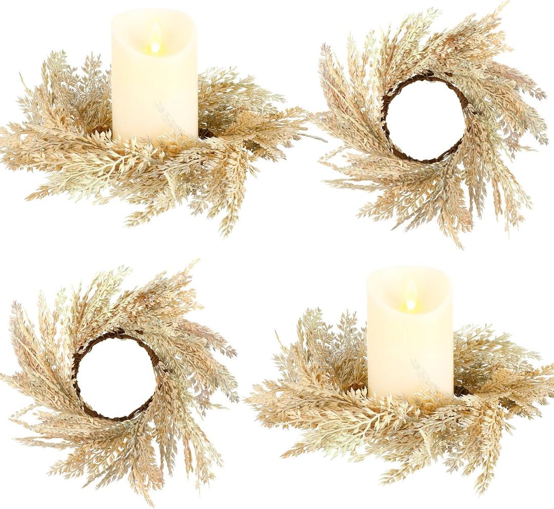 Panelee 4 Pcs Pampas Grass Candle Rings Wreath Faux Pampas Grass Candleholders 3.9 Inch Small Boho Wreath Artificial Greenery Candle Rings for Wedding Home Decor Fall Tabletop Farmhouse Decor