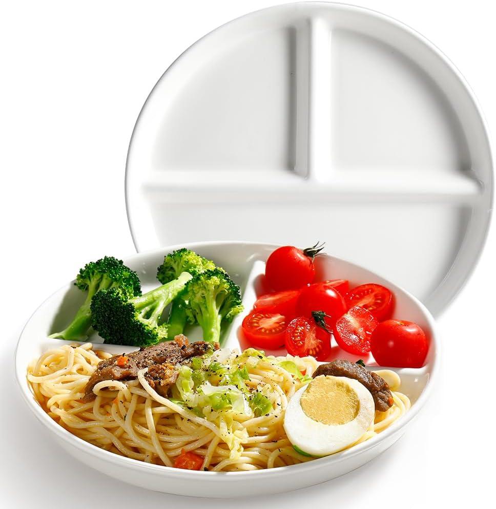 AISBUGUR Ceramic Portion Control Plate for Weight Loss,9-Inch Divided Plate for Adults,3-Compartment Portion Plate for Healthy Eating,Dishwasher & Microwave Safe,White (2 PACK)