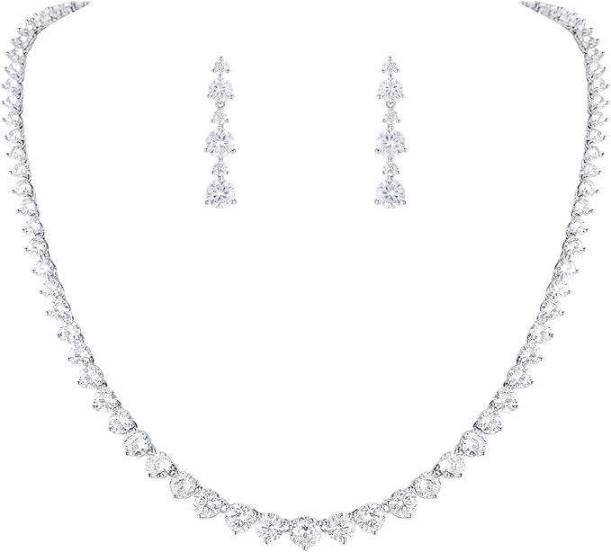 MEEDOZ Bridal Bridesmaids Jewelry Set for Wedding Prom, Dainty Round Cubic Zirconia Tennis Necklace and Earrings Set for Women MEEDOZ Bridal Bridesmaids Jewelry Set for Wedding Prom, Dainty Round Cubic Zirconia Tennis Necklace and Earrings Set for Women