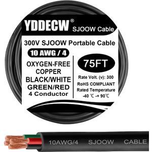 75ft 10/4 10 AWG Portable Power Cable (4 Conductor) - SJOOW 300V 10 Gauge Electric Wire for Motor Leads, Portable Lights, Battery Chargers and Machinery - 4 Conductor - 75 Feet Electrical Cord