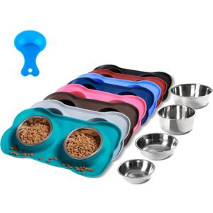 Hubulk Pet Dog Bowls 2 Stainless Steel Dog Bowl with No Spill Non-Skid Silicone Mat + Pet Food Scoop Water and Food Feeder Bowls for Feeding Dogs Cats Puppies (Medium, Green)