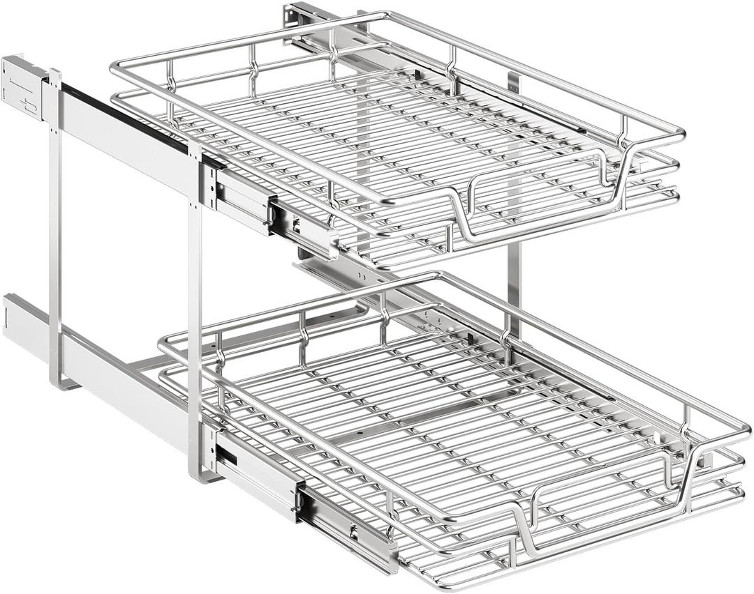 2-Tier Kitchen Cabinet Pull Out Shelf and Drawer Organizer Slide Out Pantry Storaqe Basket in Multiple Sizes (16" W x 21" D)