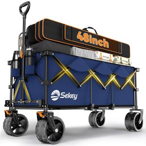 Sekey Extended Collapsible Foldable Wagon with 660lbs Weight Capacity, Heavy Duty Folding Utility Garden Cart with Big All-Terrain Beach Wheels & Drink Holders. Navy Blue
