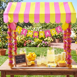 7 Pcs Lemonade Stand Supplies Lemonade Bar Party Decoration with 1 Set Plastic Stand 1 Yellow and Pink Striped Sunshade Cloth 4 Yellow and Pink Tinsel 1 Banner for Outdoors Summer Party Supplies