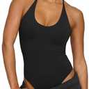 REORIA Bodysuits for Women Sexy Halter Tie Back Deep U Neck Bodysuit Backless Cami Tank Top (Black, XS)