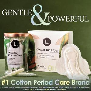 L. Ultra Thin Pads for Women, Regular Absorbency, Organic Cotton Top Layer, Unscented Pads with Wings,  Packs of 28)