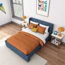 Max & Lily Upholstered Full Bed Frame with Rectangular Headboard, Upholstered Platform Bed for Kids, No Box Spring Needed, Easy Assembly, Blue