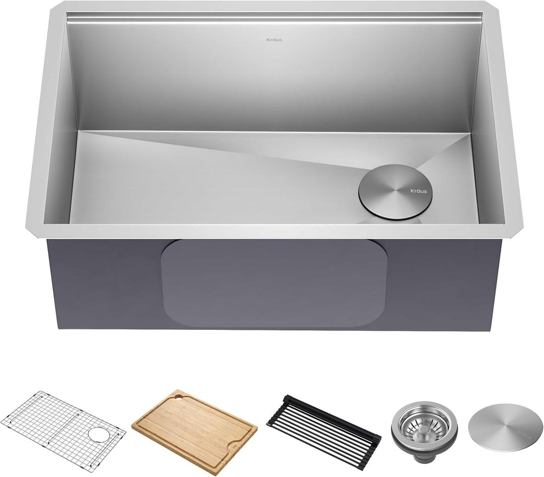 KRAUS Stainless Steel 27 in Undermount Kitchen Sink KWU110-27
16-gauge TRU16 steel, integrated ledge for accessories, cutting board and roll-up rack included, NoiseDefend soundproofing
