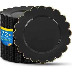 Sut 72 Pcs Black Plastic Plates With Gold Rim, Plates Disposable Heavy Duty, 10.25 Inch Plastic Dinner Plate, Black Disposable Plate For Party