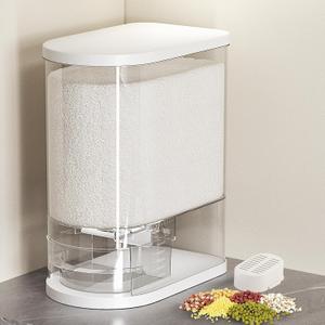 25Lbs Large Rice Dispenser, Cereal Grain Snack Storage Container Bucket with Measuring Cylinder Lid, Kitchen Household Moisture Proof Sealed Holder for Soybean (White, 25LBs)