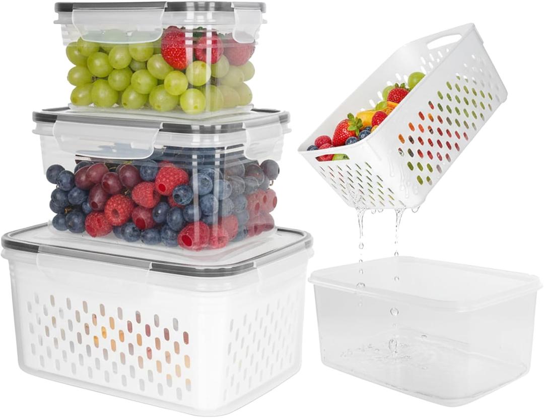 Dukrouk Grape Container for Fridge, 3PCS(0.9Qt - 13.5Qt), Leakproof Grape Container with Removable Colander, Dishwasher & microwave safe Produce Containers, Keep Fruits, Vegetables, Meat Fresh Longer