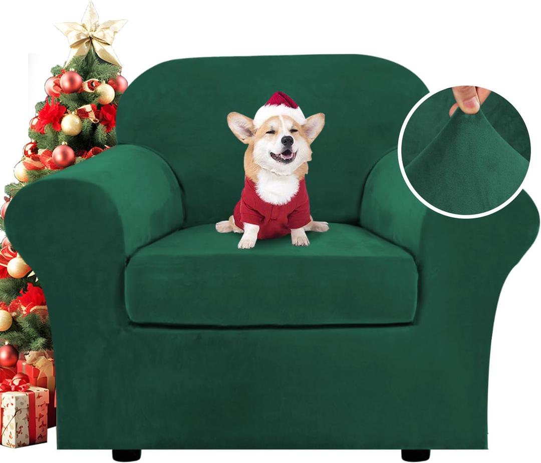 H.VERSAILTEX Rich Velvet Stretch 2 Piece Chair Cover Chair Slipcover Sofa Cover Furniture Protector Couch Soft with Elastic Bottom Chair Couch Cover Width Up to 49 Inch (Chair, Vintage Green)