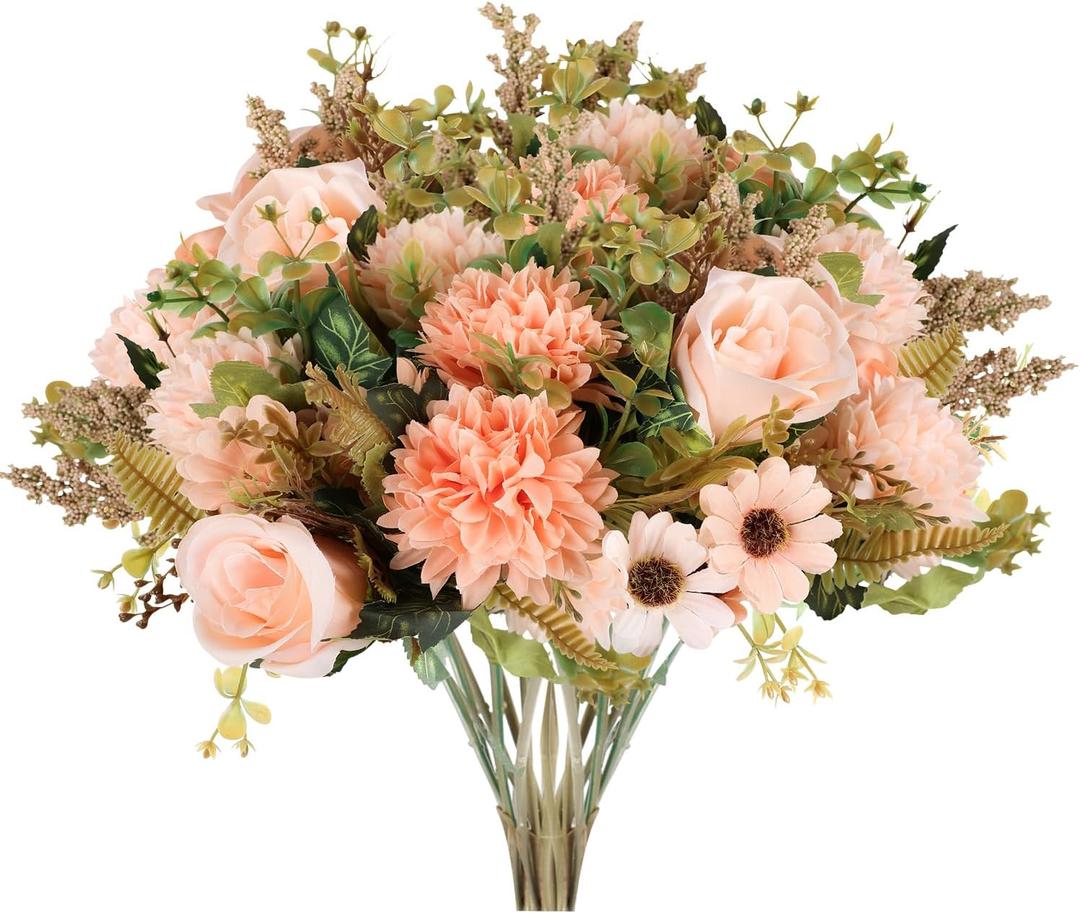 Erweicet Artificial Flowers 3 Bundles Fake Fall Flowers Pink Fake Roses Autumn Faux Flowers Silk Bouquets with Hydrangea Arrangement for Fall Wedding Party Bridal Baby Shower Home Decor (Champagne)