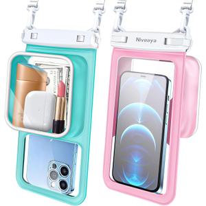 Niveaya [Floatable Floating Waterproof Phone Pouch 2 Pack-Up to 8.5", Large Space Adjustable Neck Lanyard Waterproof Phone Case, Phone Dry Bags for Vacation Beach Pool Kayak Cruise Travel Essentials (Green + Pink)