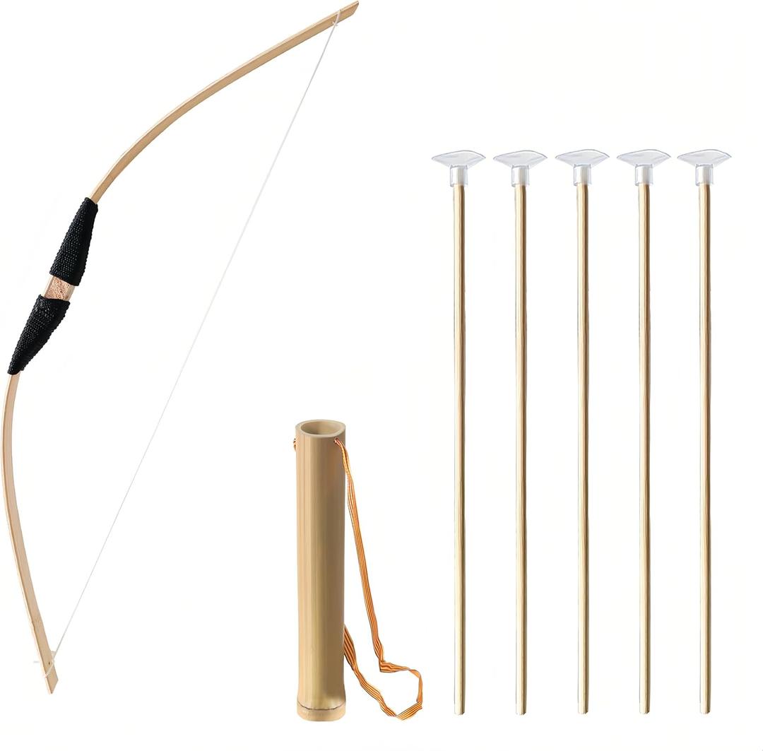 Bow and Arrow Set, Wooden Archery Set, Youth Bow and Arrow Set for 15, Cosplay Costume Prop Bow & Arrow with 1 Bamboo Quivers and 5 Targets