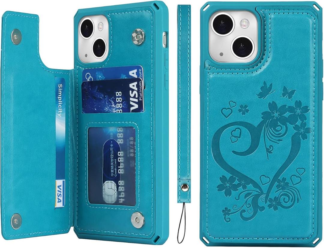 iCoverCase Compatible with iPhone 13 Wallet Phone Case with Card Holder for Women, RFID Blocking Embossed PU Leather Wrist Strap Case 6.1 Inch (Heart Blue)