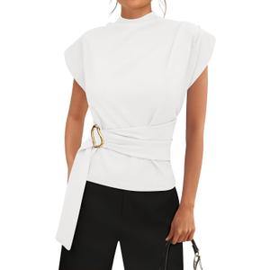 PRETTYGARDEN Women Blouses Spring Dressy Cap Sleeve Mock Neck Work Shirts Buckle Tunic Summer Business Casual Tops 2026(White,Small)