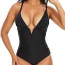 SHAPERIN Women's One Piece Swimsuit Deep V Neck Bathing Suits Tummy Control Push Up Padded Swimwear (Black, L)