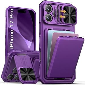 SSLOTSCASE for iPhone 17 Pro Case with Card Holder & Sliding Camera Lens Cover & Hidden Kickstand & Camera Stand & Wallet, Silicone Edge Durable Protective Case Cover for iPhone 17 Pro 5G, Dark Purple