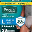 Depend Fresh Protection Adult Diapers, Incontinence Underwear for Men, Disposable, Maximum, Large, Grey, 28 Count