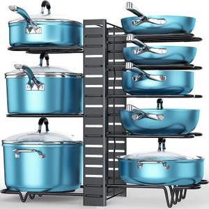 ORDORA 8 Tier Pot and Pan Organizer Rack for Cabinet With 3 DIY Methods, Adjustable Organizer for Pots, Pans and Lids (1A-16.5"H-Non Slip)