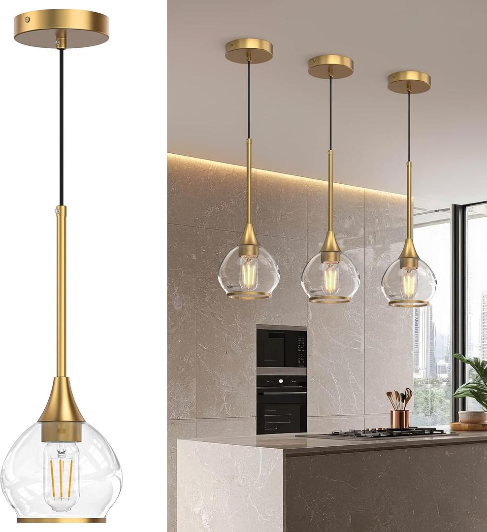 1-Pack 1-Light Gold Pendant Light, Brushed Gold Glass Globe Hanging Light Fixture, Modern Kitchen Island Lighting, Dining Room Over Table Bar Light