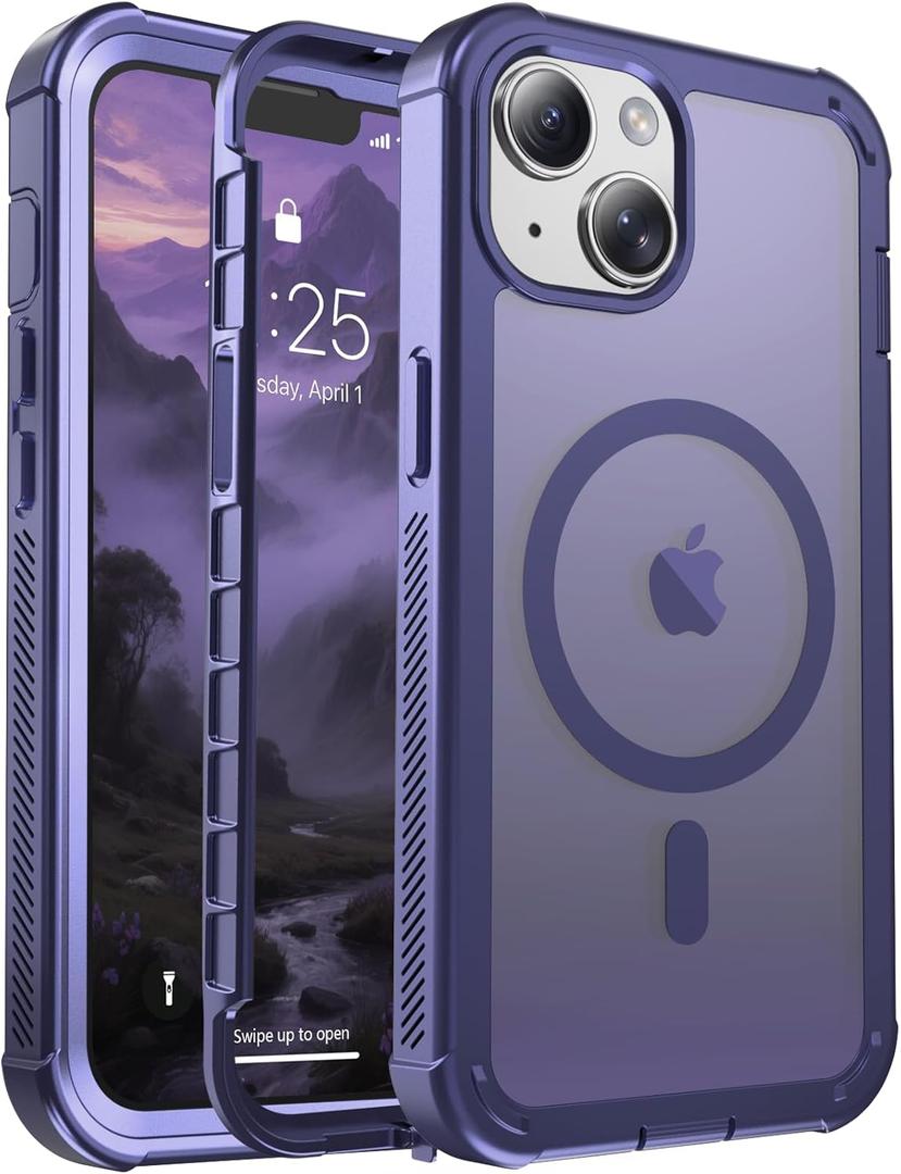 Magnetic for iPhone 13 Case, [Compatible with MagSafe][Military Grade Drop Protection][Heavy Duty Protection][Non-Slip][Shockproof] 2-Layer Durable Bumper Phone Case 6.1''-Dark Purple