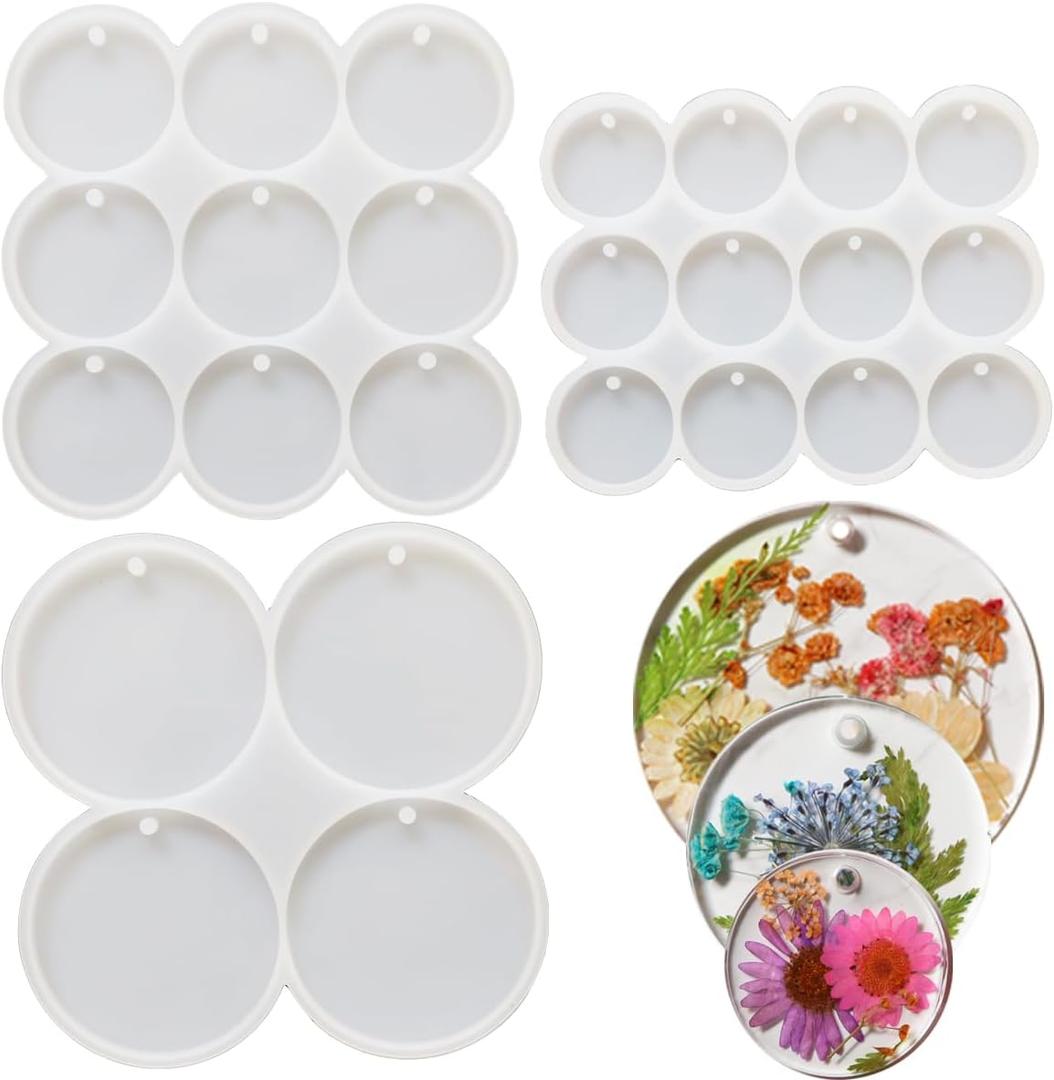 Flat Circle Resin Molds, 3Pcs Silicone Round Earrings Pendant Resin Molds with 25 Cavities for Earrings, Keychain, Pet Tag, Jewelry Making, Epoxy Resin Art