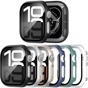 3 Pack Case with Tempered Glass Screen Protector for Apple Watch Series 10 46mm, Ultra-Thin Scratch Resistant Full Protective Hard PC Bumper Cover for Apple Watch 46mm (Black/Clear/Starlight/Silver/Blue/Green)