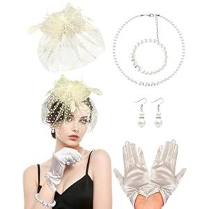 Bnsikun Fascinator Hat for Women Tea Party Hats Mesh Veil Headband Tea Party Headpiece and Lace Glove Set for Women