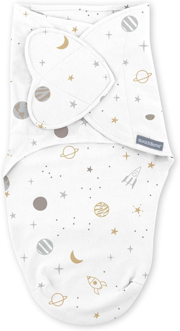 SwaddleMe by Ingenuity Monogram Collection Baby Swaddle, 100% Cotton, Improves Sleep & Calms Startle Reflex, 0-3 Months, Pocket Fold Design for Easy Changes, 1.0 TOG, 1-Pack - Sunset Space
