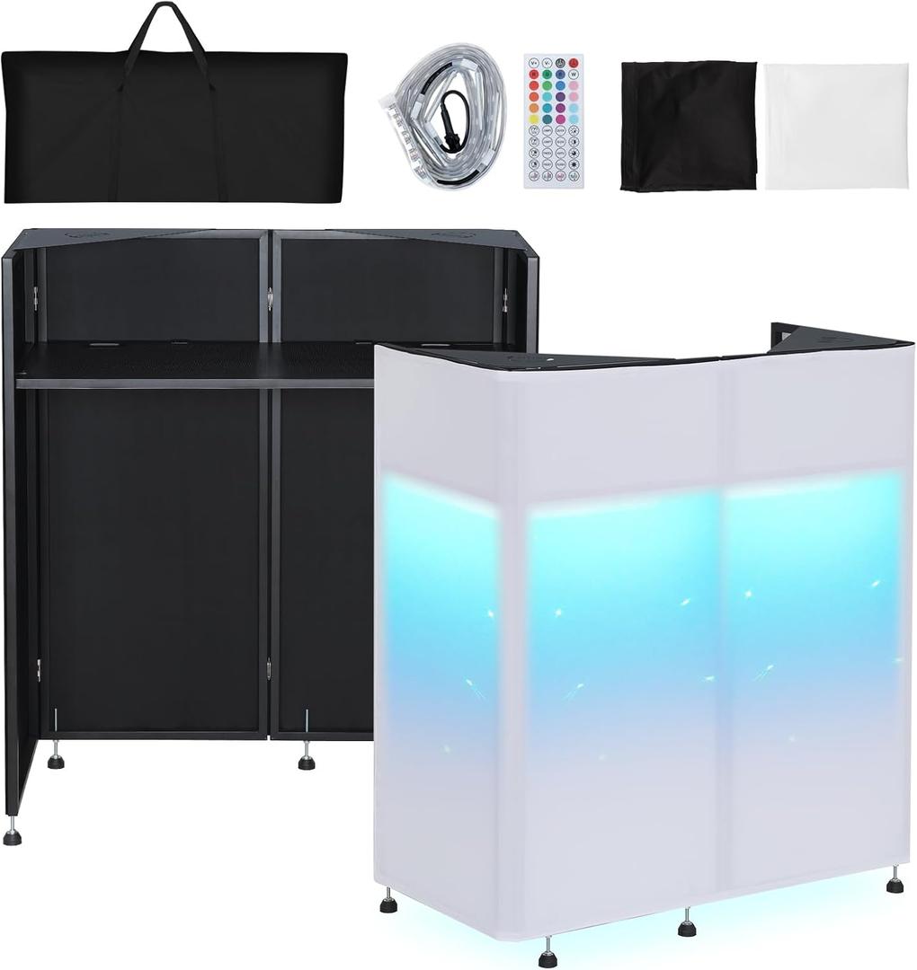 Kokorona Portable DJ Booth 20"x42.5"x45.3" with Dual Top Corners, DJ Facade Booth with Cable Hole, DJ Table Stand with Light Strip and Remote Control, Metal Frame + Black & White Scrims + Carry Bag, Double Layer - 43"L x 20"W