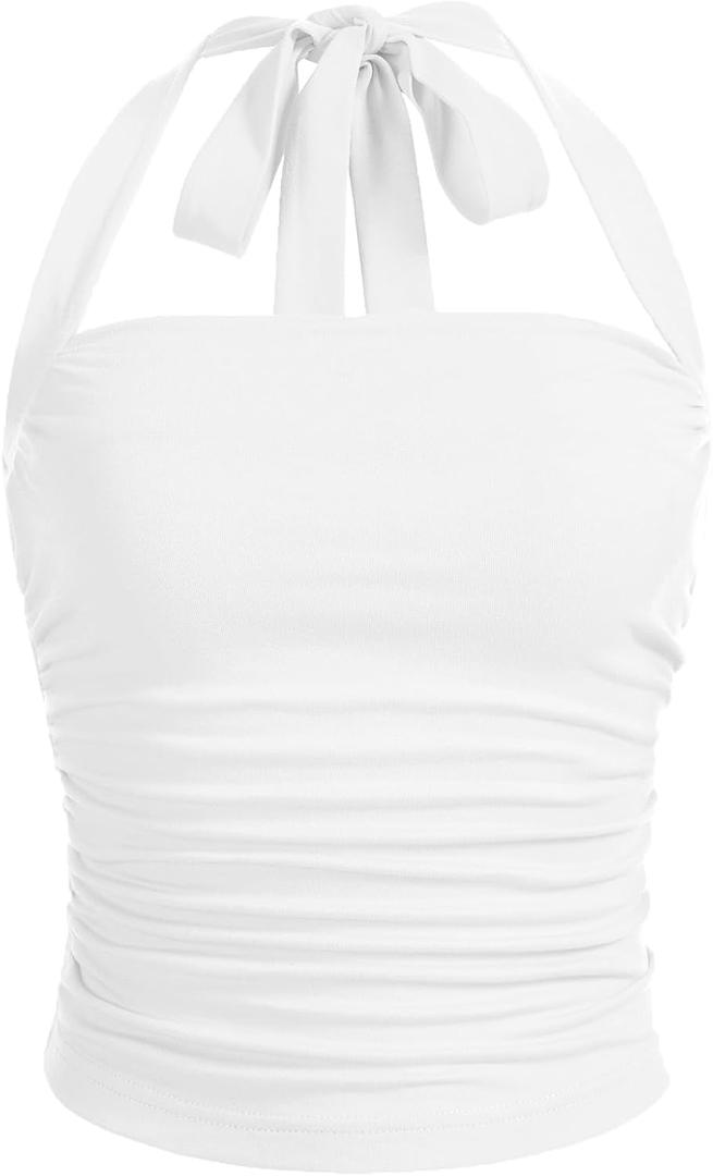 SOLY HUX Women's Ruched Halter Y2K Crop Tops Tie Back Sleeveless Slim Fit Cami Tops (Medium, Plain White)