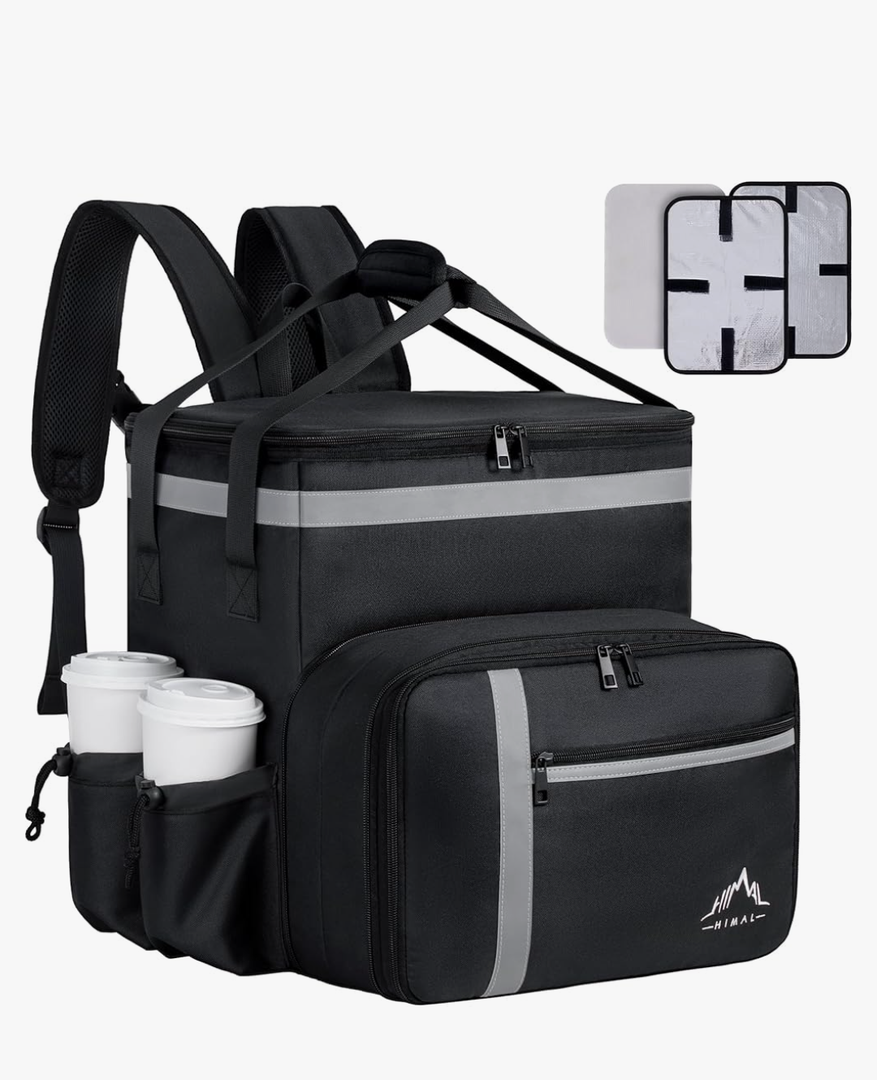 GoHimal Food Delivery Backpack, Insulated Food Delivery Bags for Takeout Bike, Large Pizza Takeout Bag for HOT/COLD with 4 Pockets Reflective Perfect for Uber Eats, Camping & Beach