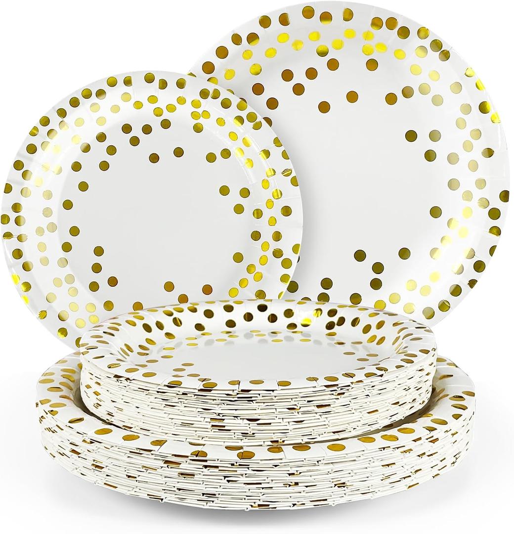 Disposable Plates for Party 50 Sets, 7'' & 9'' Paper Plates, Heavy Duty Golden Dot White Paper Plates Napkins Cups for Baby Shower Birthday Wedding
