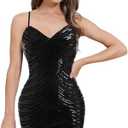 Women's Spaghetti Straps Sparkly Sequins Bodycon Mini Dress Party Nightclub Large