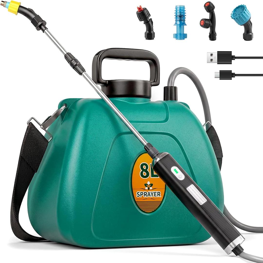 Battery Powered Garden Sprayer 2 Gallon, 7.4V High Pressure Rechargeable Weed Sprayer with 3 Pressure Mode, 5 Spray Nozzles, Telescopic Wand, Battery Indicator, Adjustable Strap for Lawn Garden, Green