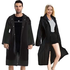 Rain Coats (2 Pack) - Reusable EVA Rain Ponchos for Adults Rain Jackets Raincoats for Men Women (One Size, Black)