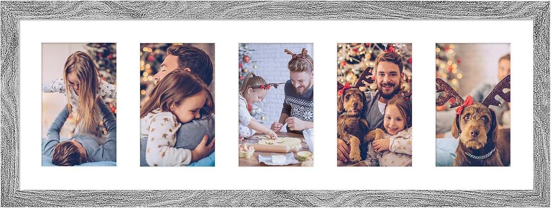 8x24 Collage Frame with 5 Openings 4X6 Pictures, Multiple Picture Frame with Mat, Wall or Tabletop Decor, Grey Wood Grain (Pack of 1)
